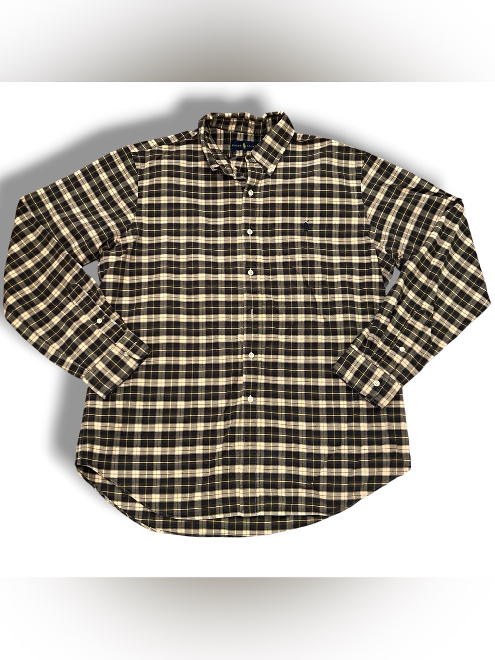 Polo Ralph Lauren Oxford Button Down Shirt Tan/Blue/Green Plaid Mens L E9 *Flaw